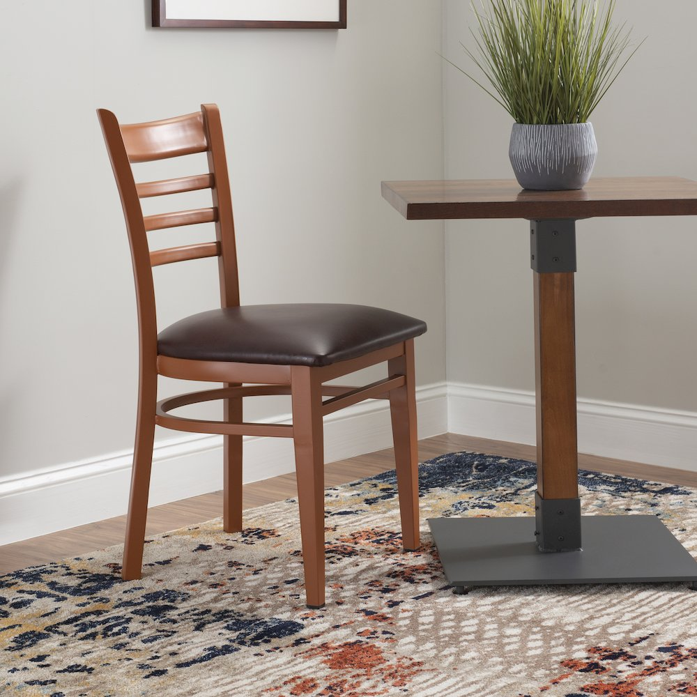 Set of two Start2Finish Baxter metal side chairs with honey and burgundy finish, featuring a modern design and sturdy metal frame.