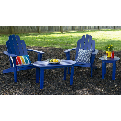 Blue Adirondack coffee table from Start2Finish furniture, showing a sturdy wooden surface with angled legs and a smooth finish.