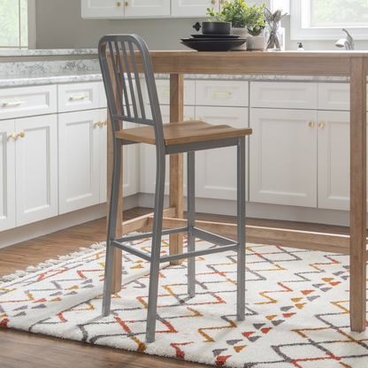 Two silver Frazier metal barstools from Start2Finish with sleek, modern design and sturdy metal frames.