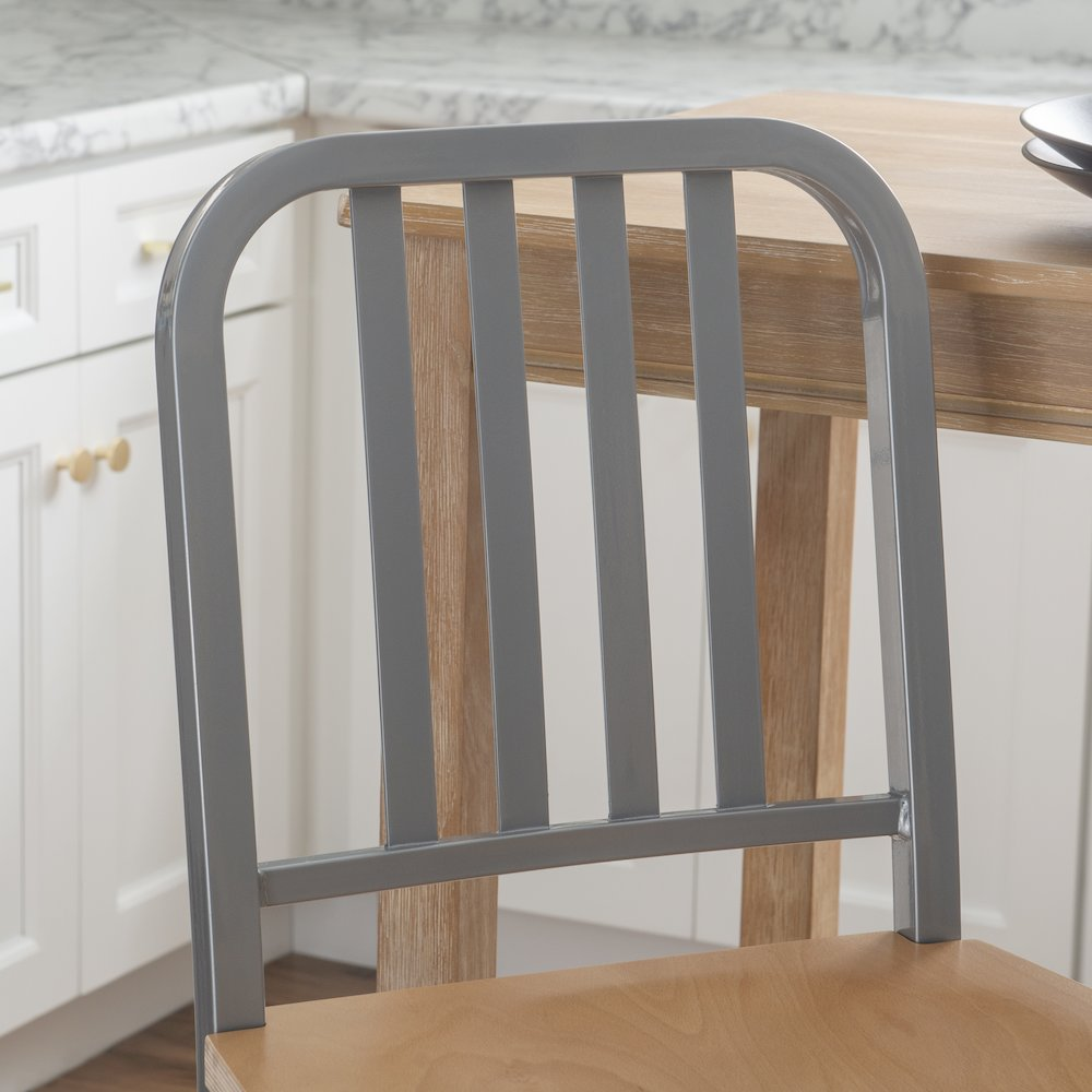 Set of two Start2Finish Frazier Metal Barstools in silver with sleek, modern design and sturdy metal construction.