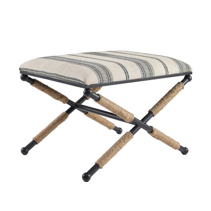 Start2Finish Logue Campaign Ottoman in neutral fabric with wooden legs, showcasing its compact, stylish design.