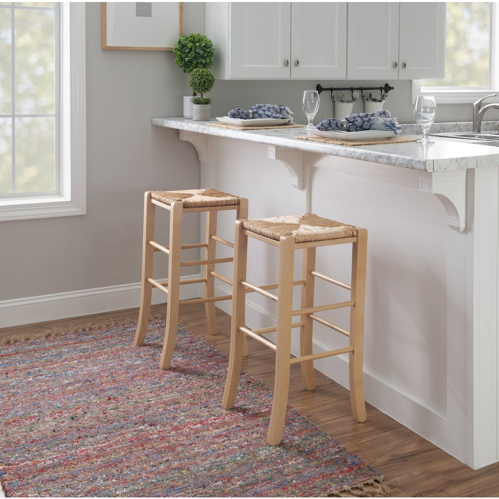 Set of two Gianna backless barstools by Start2Finish in natural wood finish, showcasing sleek, modern furniture design.