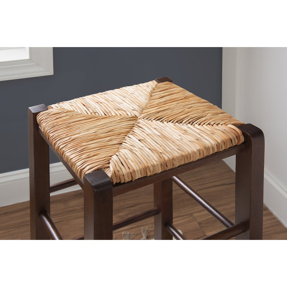 Set of two Gianna backless barstools in walnut wood with sleek, modern design, perfect for a stylish kitchen or bar area.