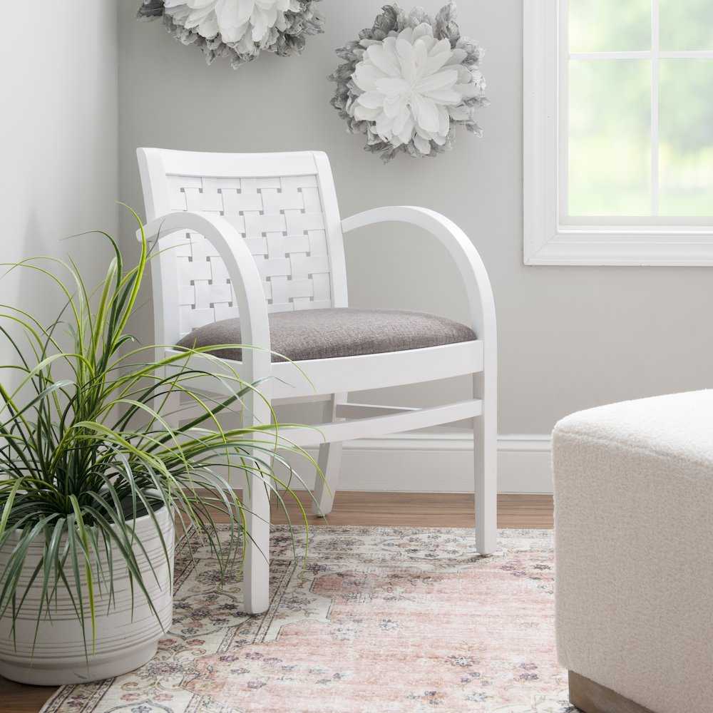 White Samantha woven arm chair by Start2Finish with a cushioned seat and armrests, ideal for living room or lounge decor.