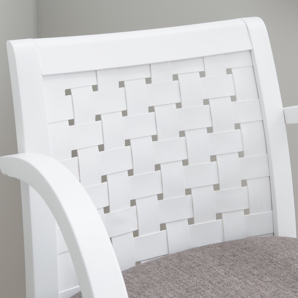 White Samantha woven arm chair by Start2Finish with a sturdy frame and comfortable armrests, perfect for modern living spaces.