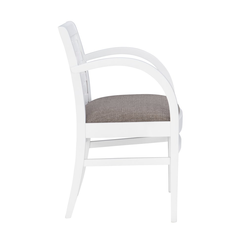 White Samantha woven arm chair by Start2Finish with a wooden frame, featuring a cushioned seat and armrests for comfortable seating.