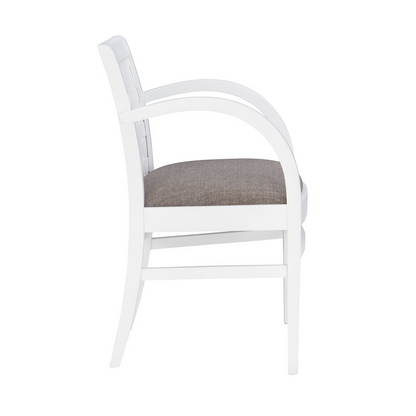 White Samantha woven arm chair by Start2Finish with a wooden frame, featuring a cushioned seat and armrests for comfortable seating.