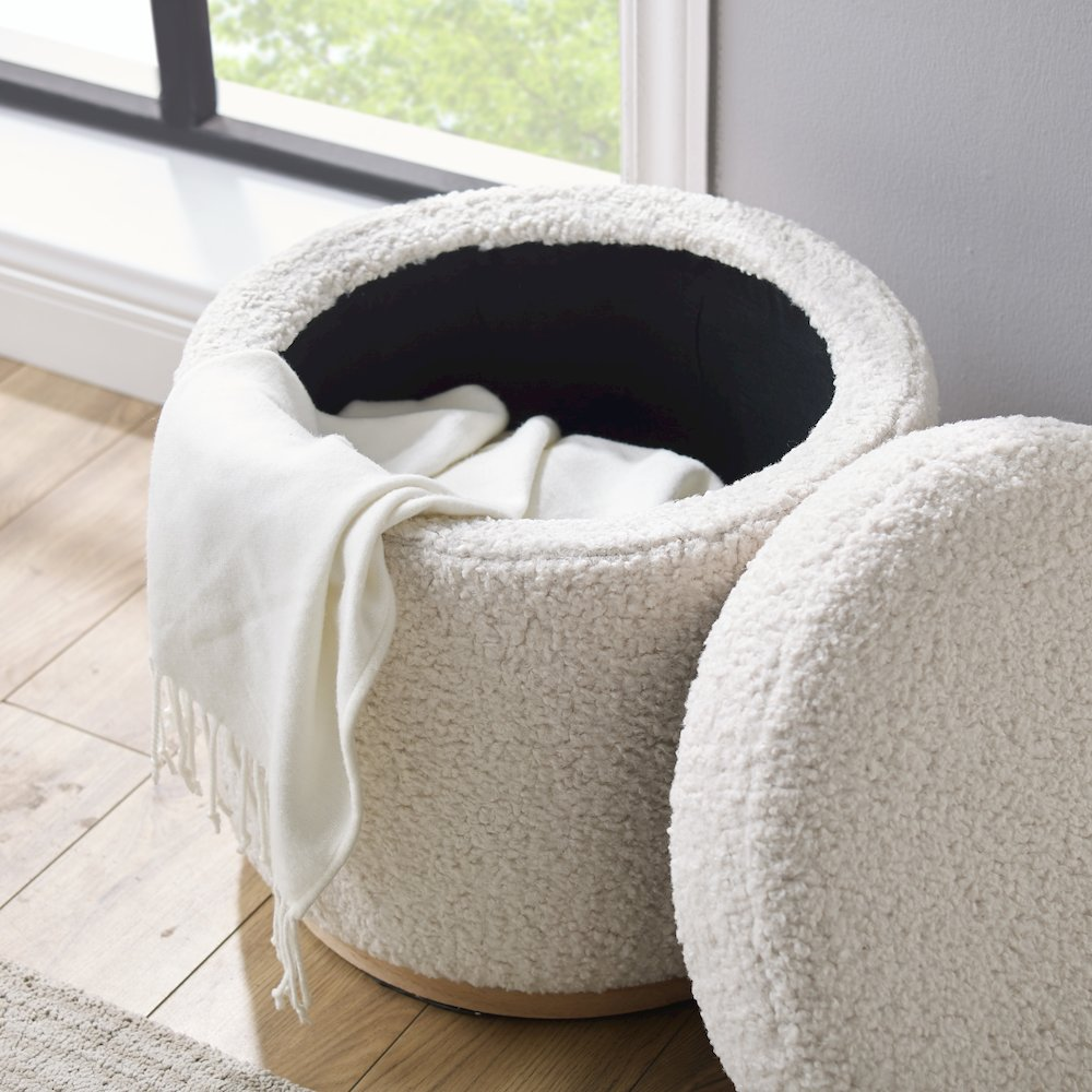 Start2Finish Blanche Storage Ottoman in natural fabric, showing a versatile furniture piece with a cushioned top and storage space inside.