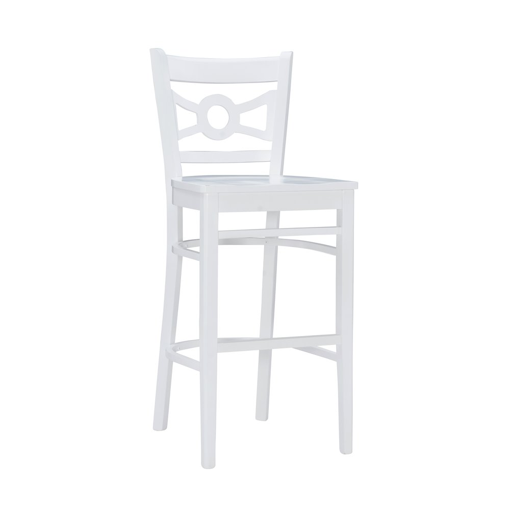 Set of two white Teresa barstools by Start2Finish, featuring sleek modern design and sturdy wooden legs for kitchen or bar use.