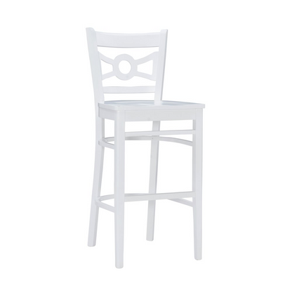 Set of two white Teresa barstools by Start2Finish, featuring sleek modern design and sturdy wooden legs for kitchen or bar use.