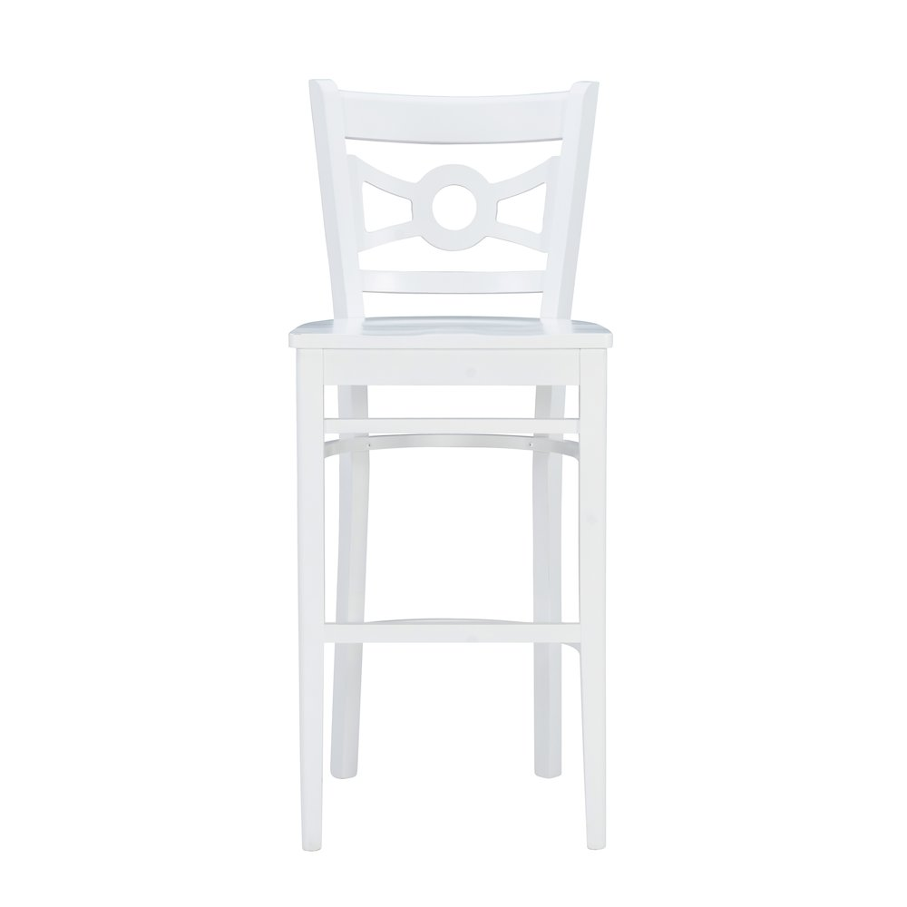 Set of two white Teresa barstools by Start2Finish, featuring sleek modern design with sturdy wooden legs and comfortable seats.