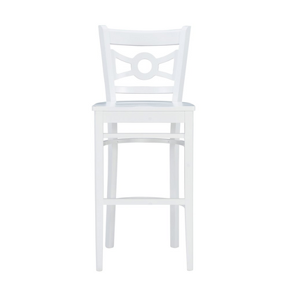 Set of two white Teresa barstools by Start2Finish, featuring sleek modern design with sturdy wooden legs and comfortable seats.