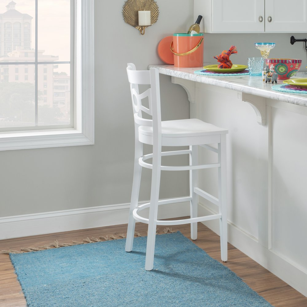Set of two white Teresa barstools by Start2Finish, featuring modern furniture design with sleek seats and sturdy legs.