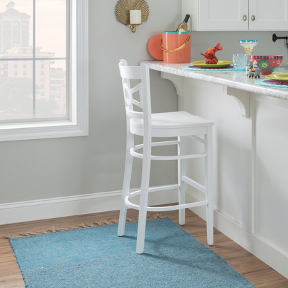 Set of two white Teresa barstools by Start2Finish, featuring modern furniture design with sleek seats and sturdy legs.