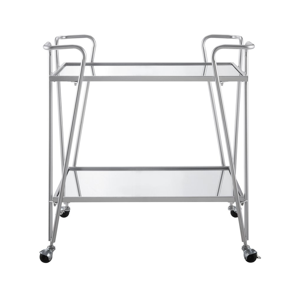 Modern silver mid-century bar cart with two tiers and metal frame, ideal for stylish home bar or living room decor.