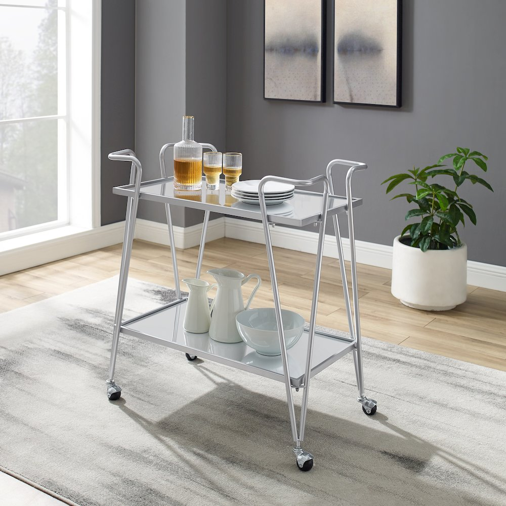 Silver Mid-Century Bar Cart from Start2Finish, featuring a sleek metal frame and multiple shelves for stylish beverage storage.