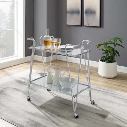 Silver Mid-Century Bar Cart from Start2Finish, featuring a sleek metal frame and multiple shelves for stylish beverage storage.