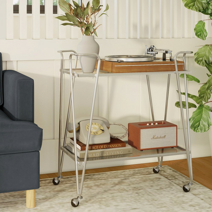 Mid-century silver bar cart by Start2Finish with two tiers and casters, stylish furniture piece for serving and display.