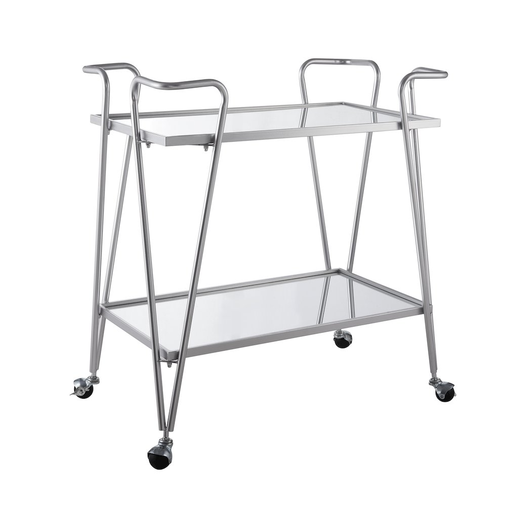 Silver mid-century bar cart by Start2Finish with three shelves and sleek metal frame, perfect for stylish home bar setup.