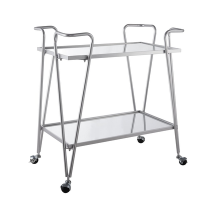 Silver mid-century bar cart by Start2Finish with three shelves and sleek metal frame, perfect for stylish home bar setup.