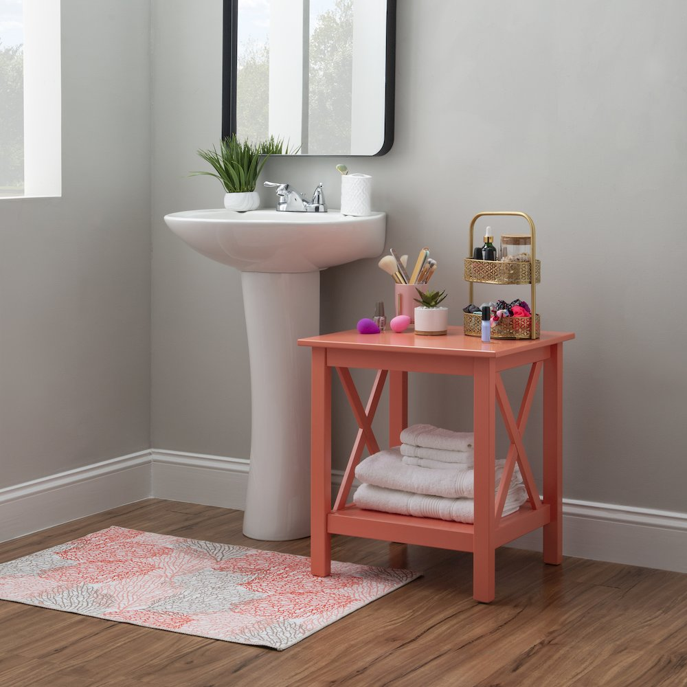 Start2Finish Davis Coral end table with a round wooden top and tapered legs, modern furniture for living room decor.