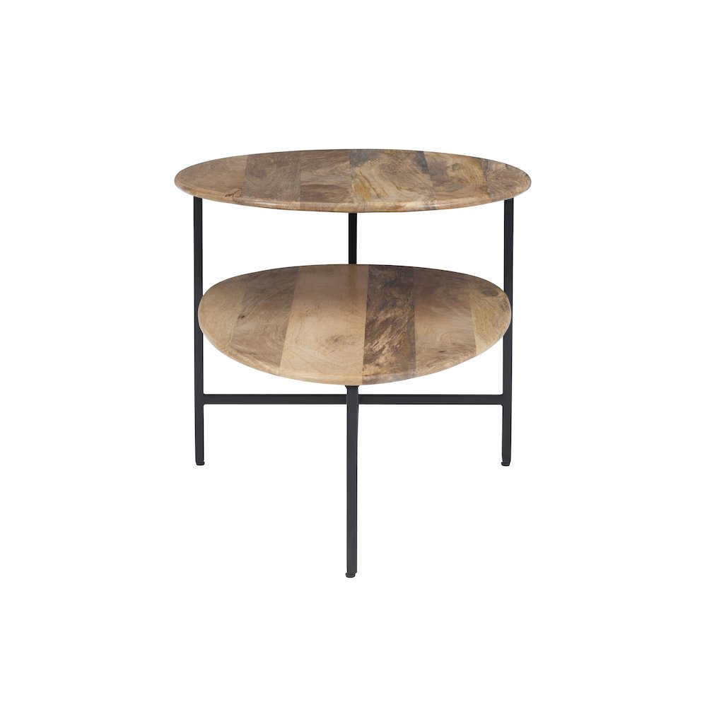 Start2Finish Tavin two-tiered coffee table in natural and black wood finish, showing its modern design and two-tiered surface.
