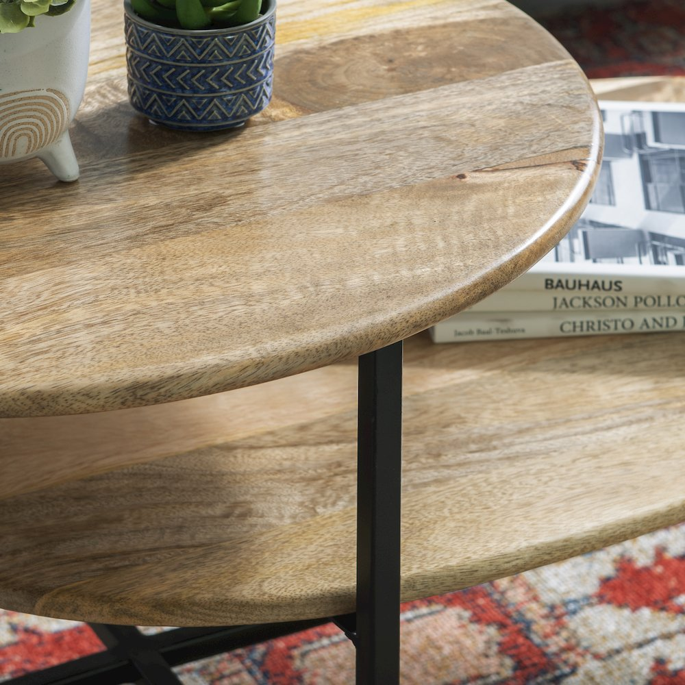 Start2Finish Tavin two-tiered coffee table in natural and black wood finish, featuring a modern design with two spacious levels.