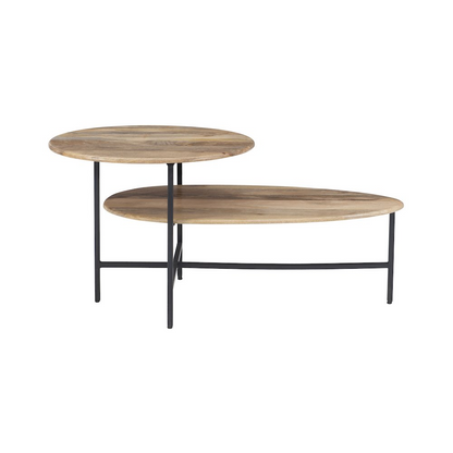 Start2Finish Tavin Two Tiered Coffee Table in natural and black finish, showcasing the multi-level wooden design in a modern living room setting.