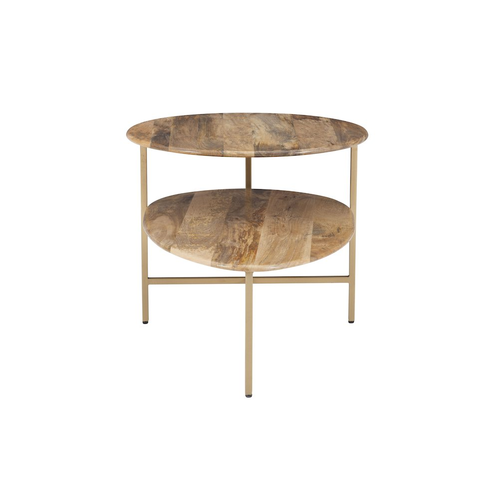 Natural gold Tavin two-tiered coffee table with wooden top and metal frame, modern furniture piece for living room decor.