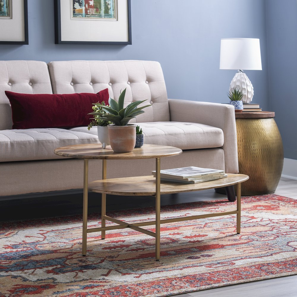 Start2Finish Tavin two-tiered coffee table with natural wood finish and gold metal accents, featuring a modern furniture design.