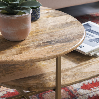 Start2Finish Tavin two-tiered coffee table in natural wood with gold accents, featuring a modern design and sturdy construction.