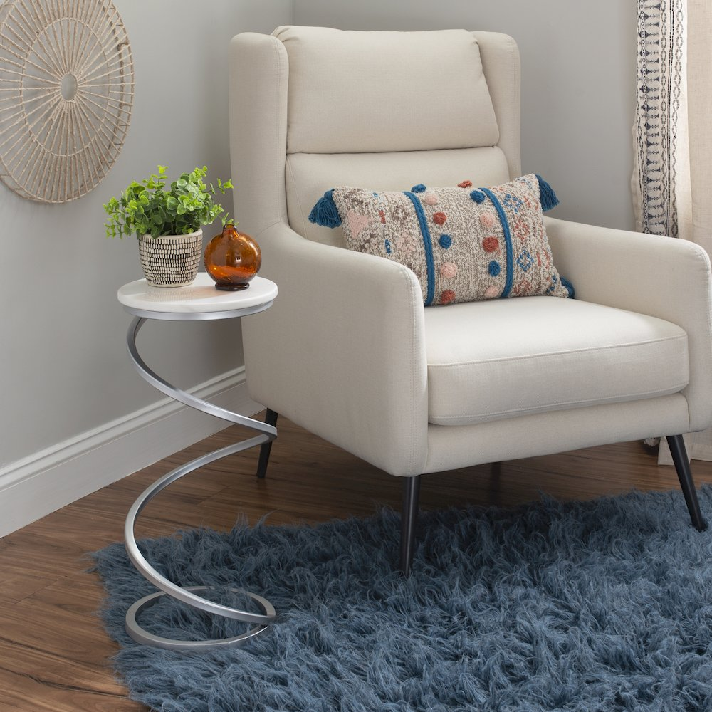 Start2Finish Rian Spiral Drink Table in silver with white marble top, modern furniture piece with a sleek, spiral design