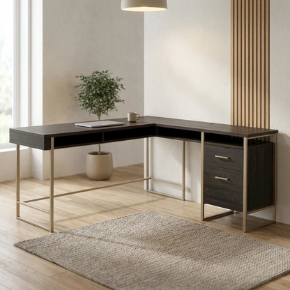Walter Heights L Desk by Start2Finish with Blade Walnut finish, showcasing the spacious workspace and modern design.