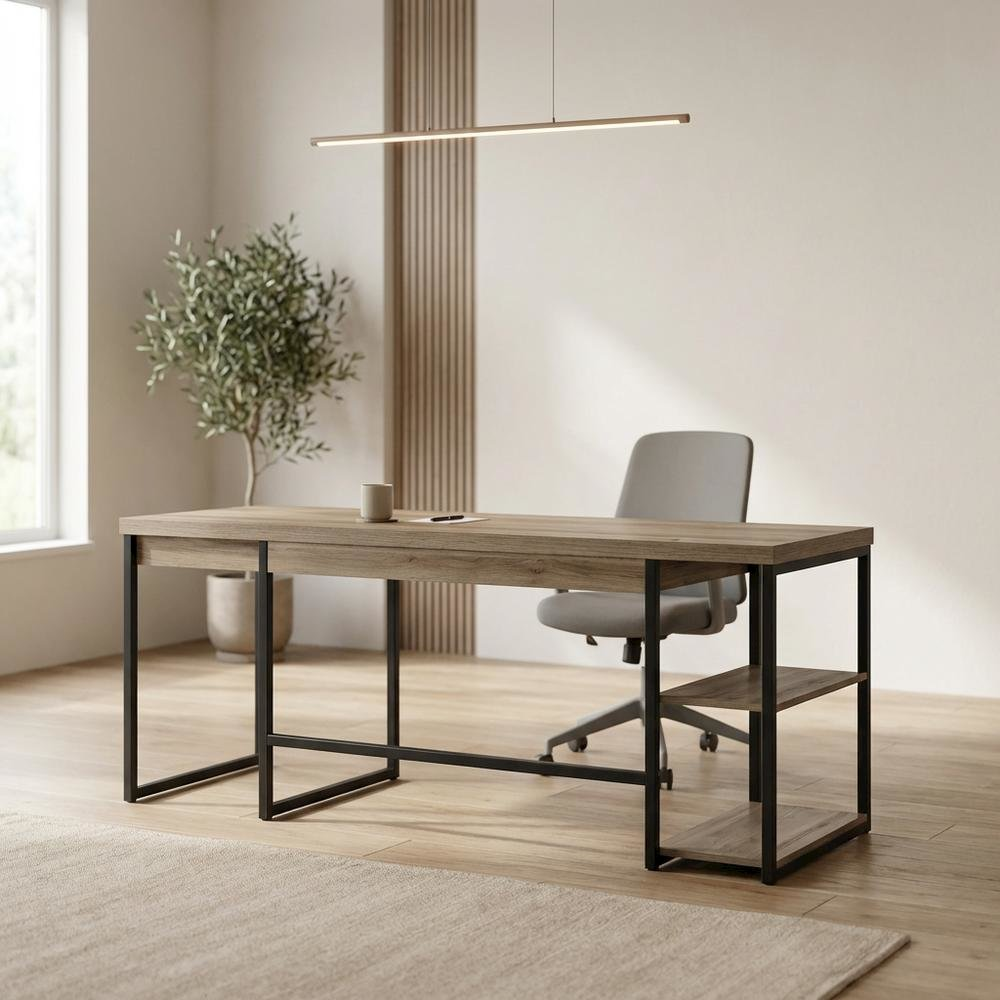 Transit L Desk by Start2Finish in Salt Oak finish, showing a spacious office desk with clean lines and modern design.