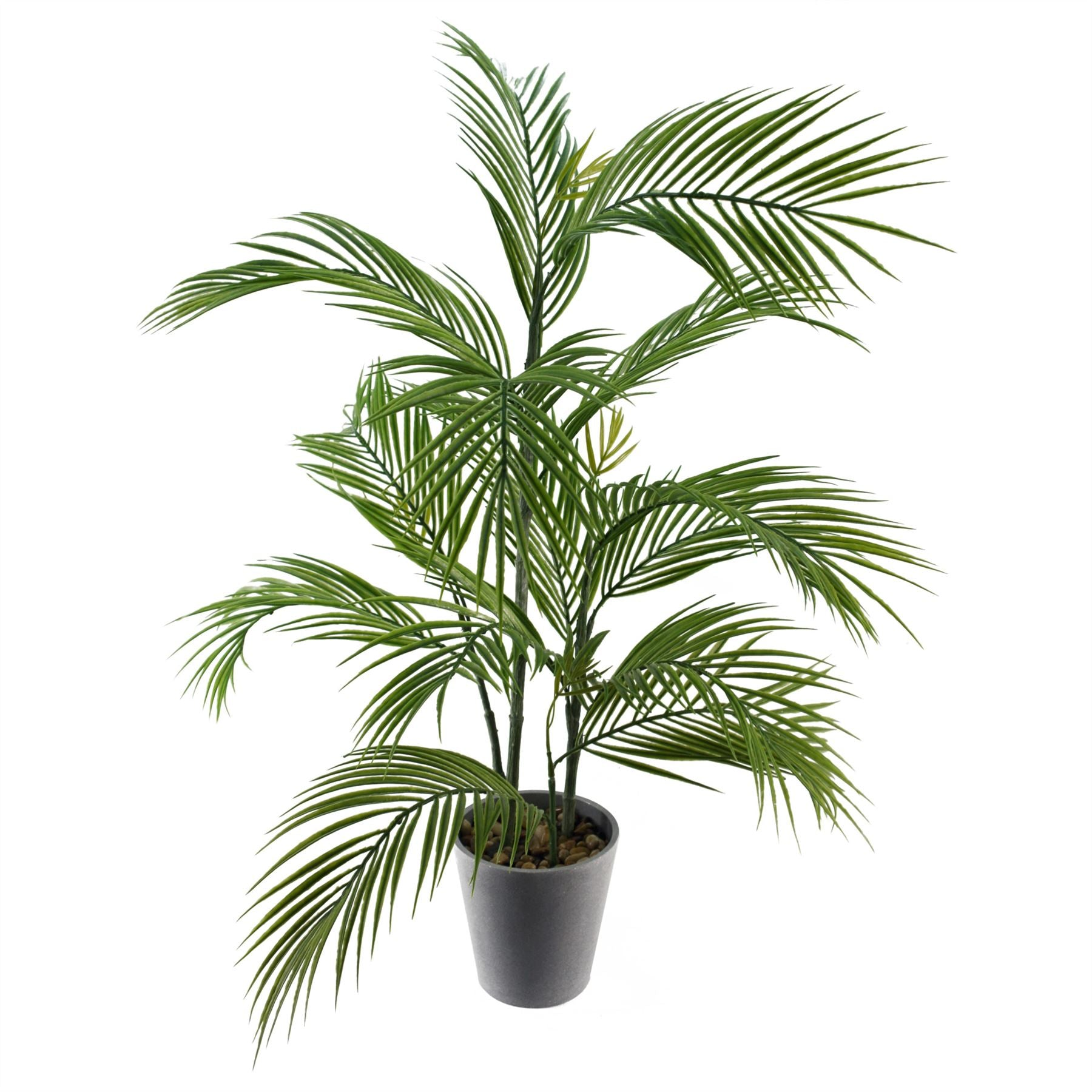Artificial palm tree in decorative planter, lush green leaves with brown trunk, perfect for indoor or outdoor decor.