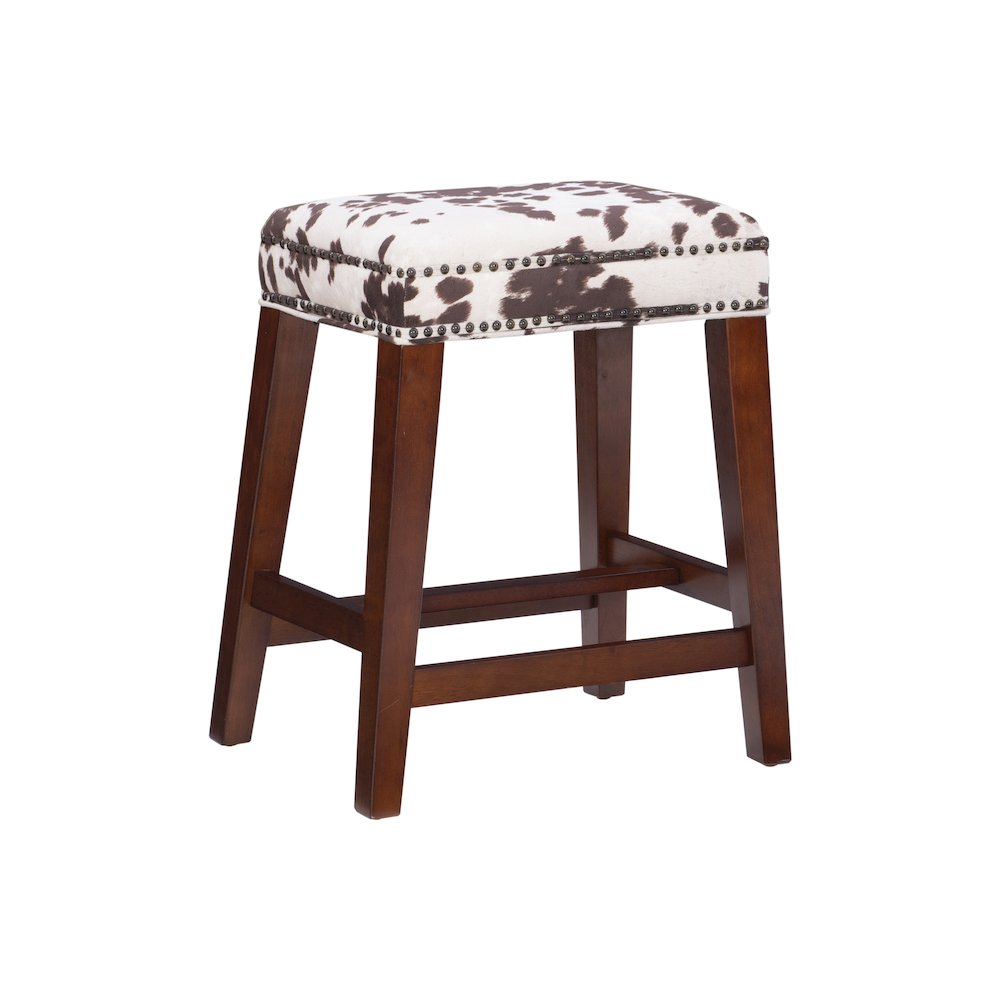 Walt Brown Cow Print Counter Stool by Start2Finish featuring a cow print fabric seat and wooden legs.
