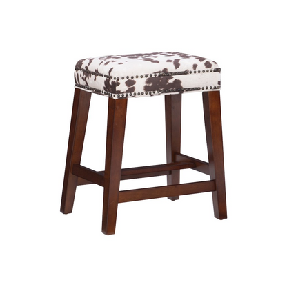 Walt Brown Cow Print Counter Stool by Start2Finish featuring a cow print fabric seat and wooden legs.