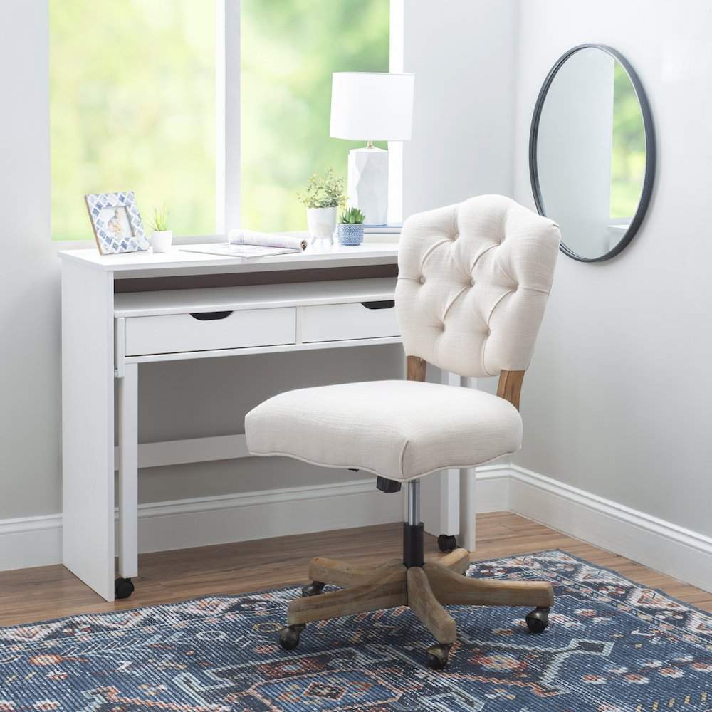 Start2Finish Kelsey Office Chair in natural finish with padded seat and backrest, on five caster wheels for mobility.