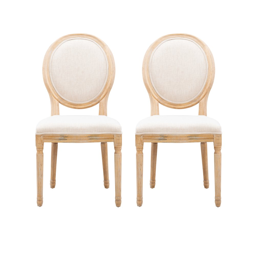Set of two Avalon Linen Oval Back Chairs by Start2Finish, featuring beige linen upholstery and wooden legs, modern dining furniture.