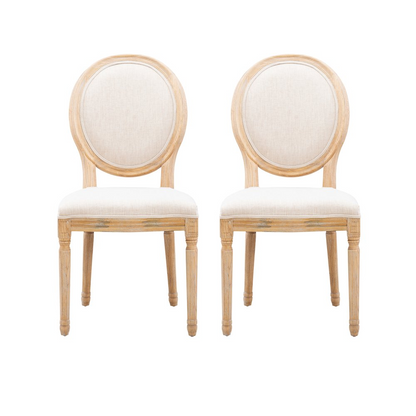Set of two Avalon Linen Oval Back Chairs by Start2Finish, featuring beige linen upholstery and wooden legs, modern dining furniture.