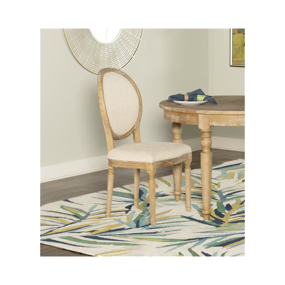 Set of two Avalon linen oval back chairs by Start2Finish, featuring cushioned seats and elegant wooden legs.