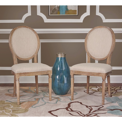 Set of two Avalon Linen Oval Back Chairs by Start2Finish, featuring beige linen upholstery and dark wooden legs.