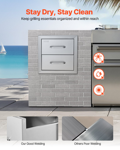 Stainless steel outdoor kitchen drawers with handles, 14W x 14.4H x 23D inches, ideal for BBQ island or grill station storage.