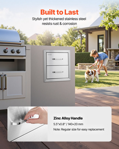 Start2Finish stainless steel outdoor kitchen drawers, flush mount double BBQ drawers with handles, for BBQ islands or grill stations