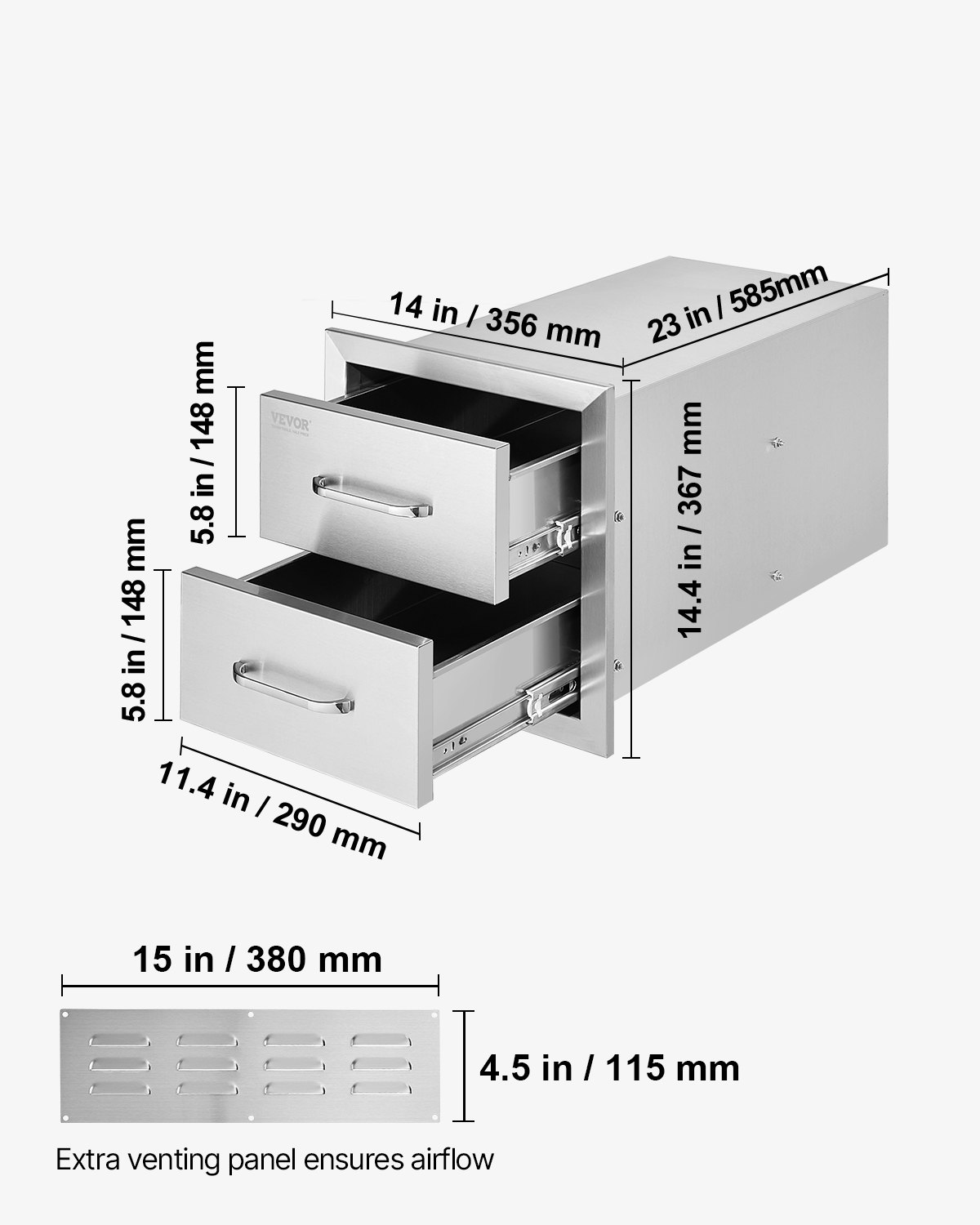 Start2Finish stainless steel outdoor kitchen drawers with handles, flush mount double BBQ drawers for grill stations and outdoor kitchens.
