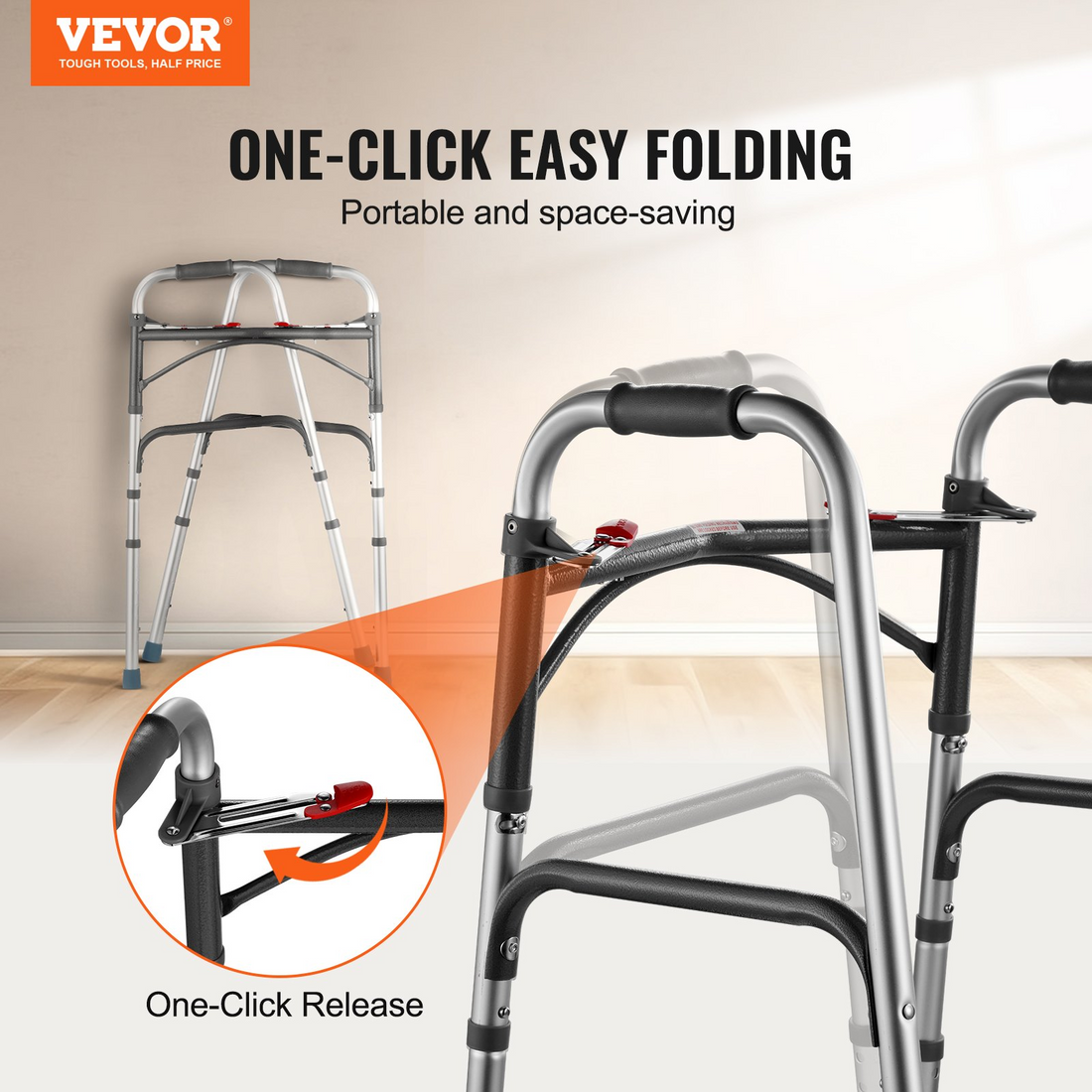 Start2Finish VEVOR folding walker with adjustable height, durable handles, lightweight aluminum frame, suitable for elderly and disabled users.