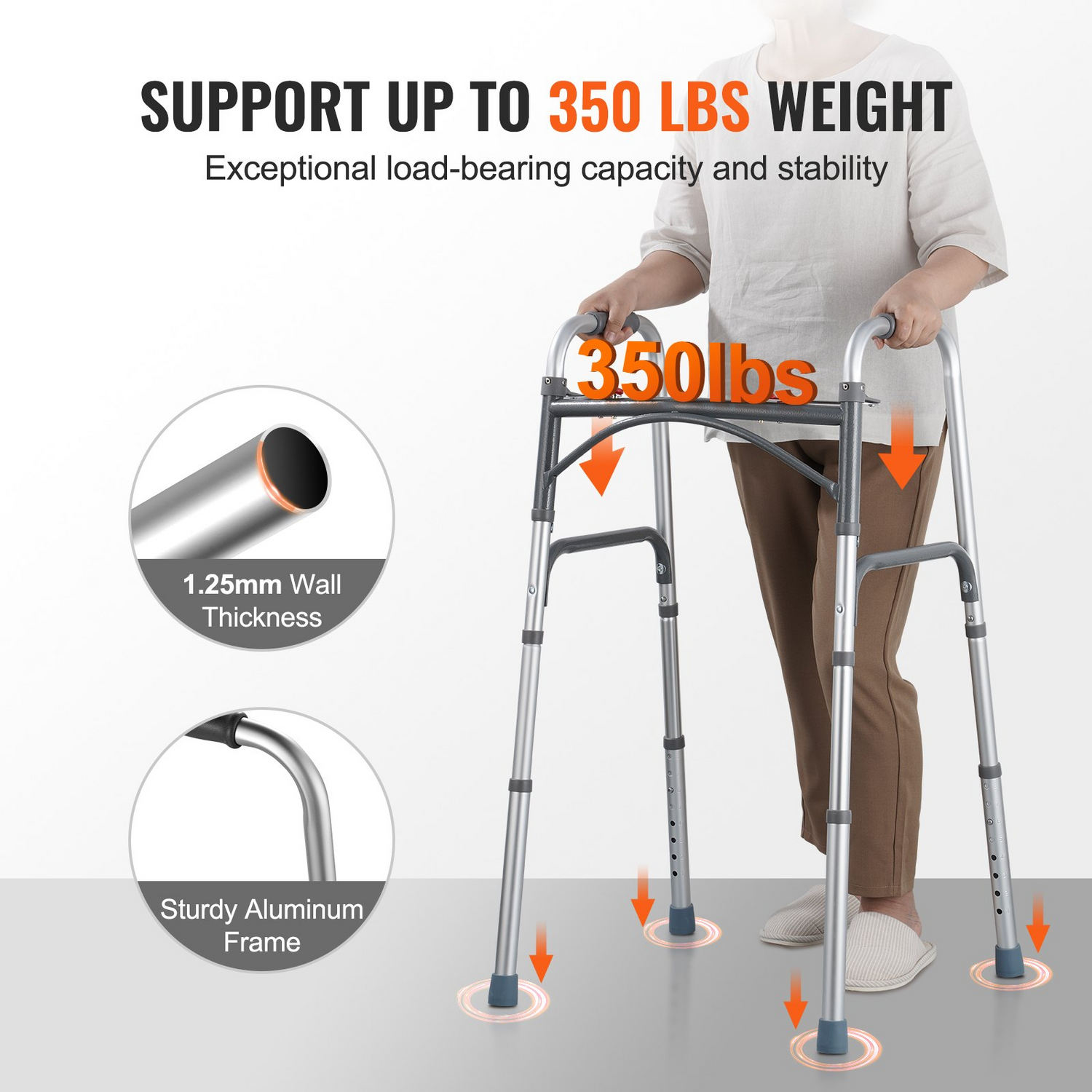 Start2Finish VEVOR folding walker with adjustable height, lightweight aluminum frame, durable handles, and two-button folding mechanism.