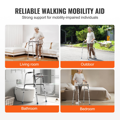Start2Finish VEVOR folding walker with adjustable height, durable handles, lightweight aluminum frame, designed for elderly and disabled use.