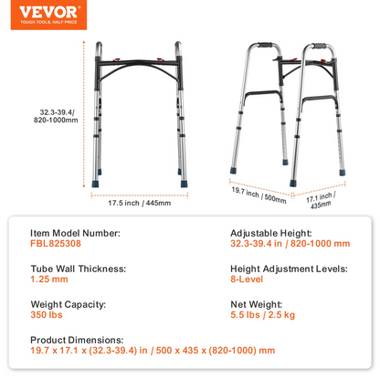 Start2Finish VEVOR folding walker with adjustable height, lightweight aluminum frame, durable handles, and 2-button fold for elderly use