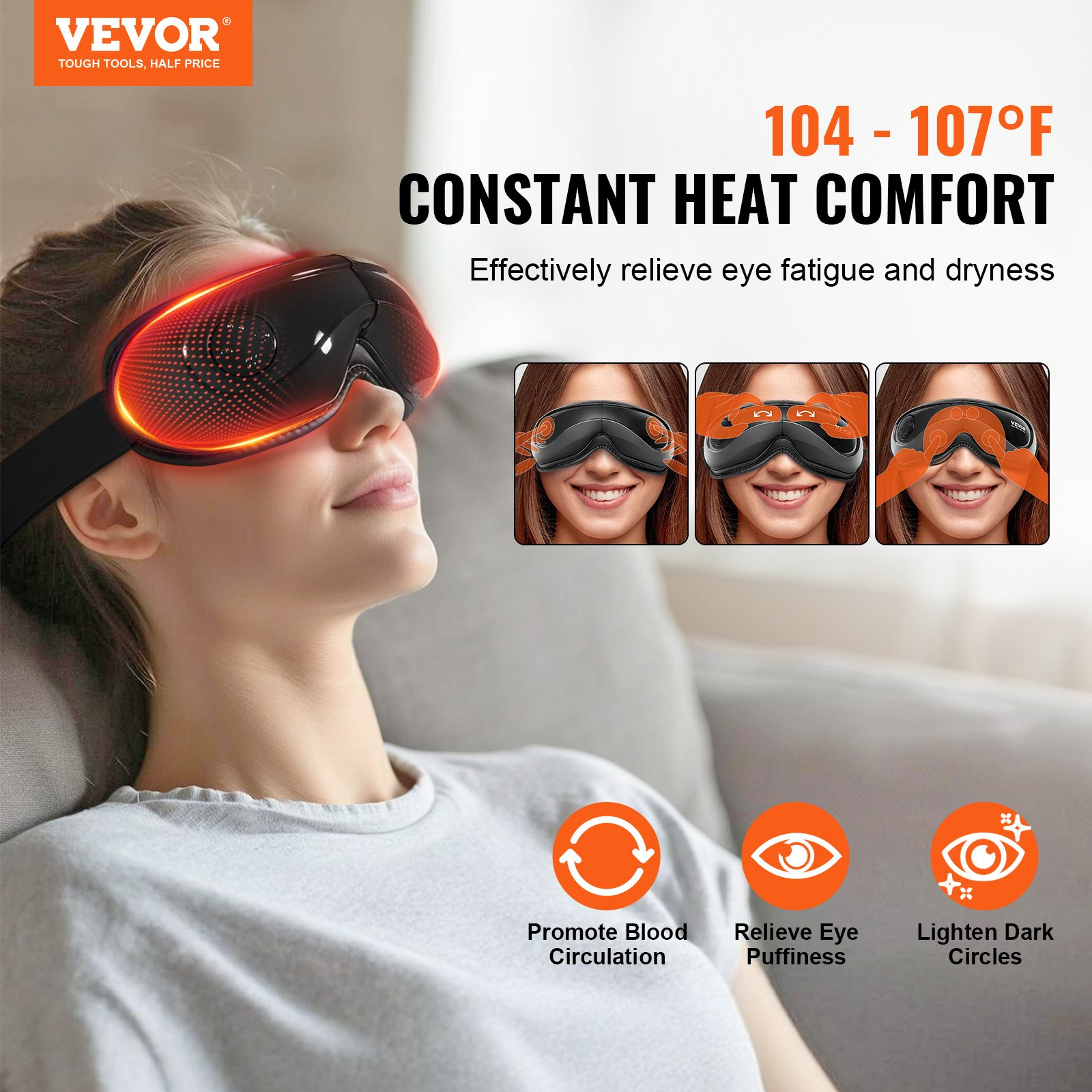 Start2Finish VEVOR eye massager with heat, Bluetooth music, and 5 modes, foldable heated eye mask for eye strain and dark circles.
